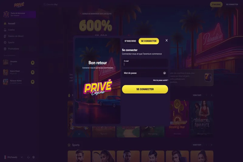 Ecran de connexion Prive casino